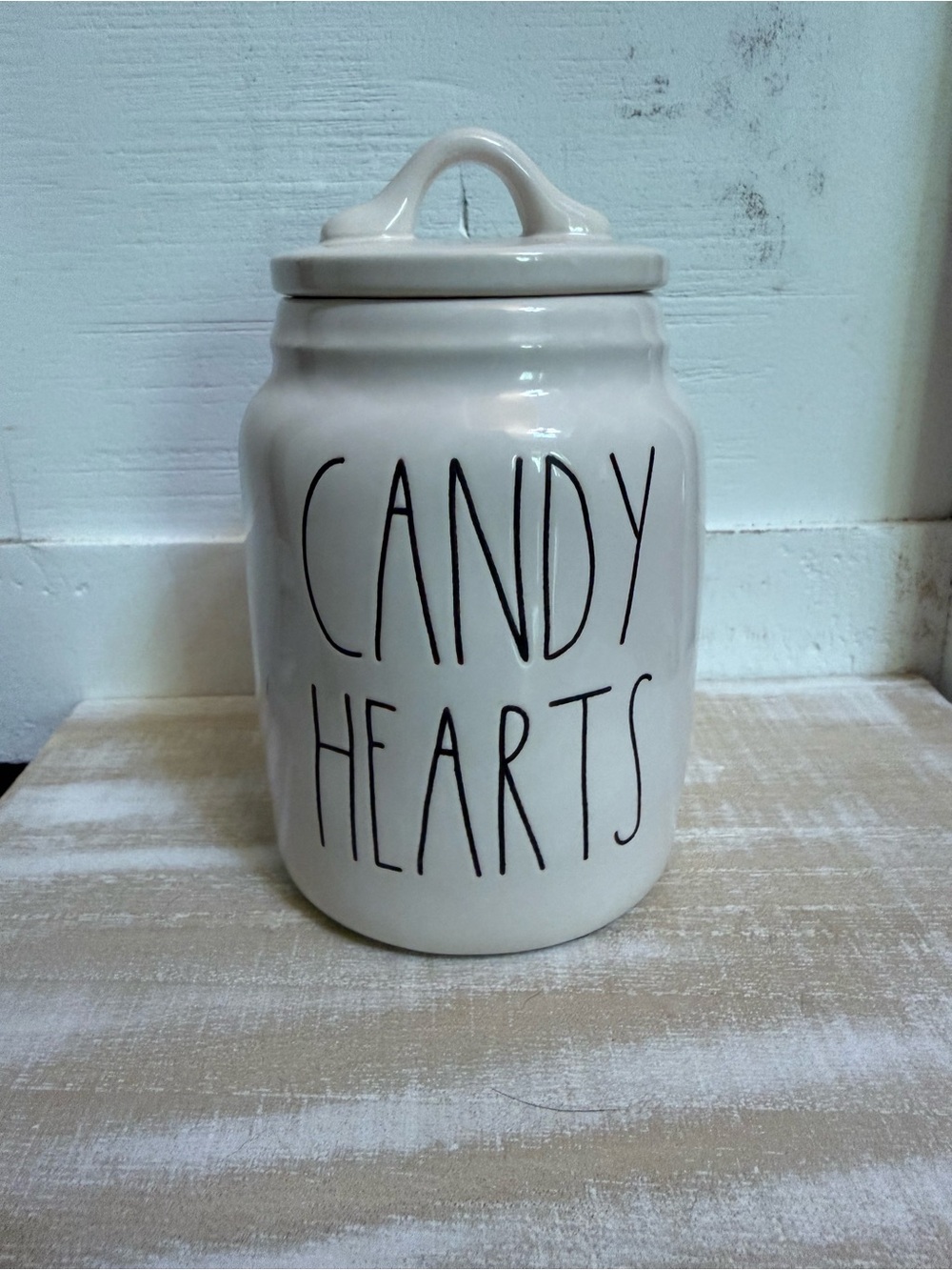 Rae Dunn Ceramic Candy Hearts Canister - Cream with Black Lettering